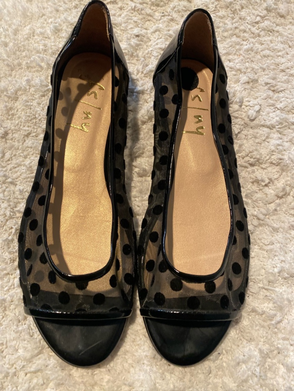 French Sole Black Polka Dot Sheer Peep-Toe Flats